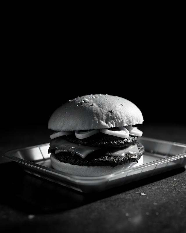 Créa morte : burger sur plateau plastique au flash