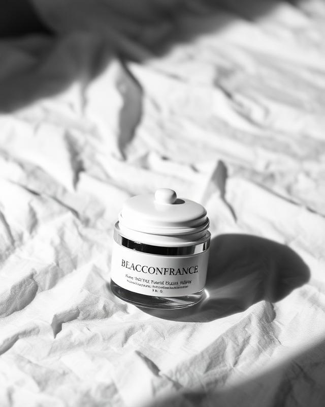Créa morte : pot de crème posé sur drap froissé