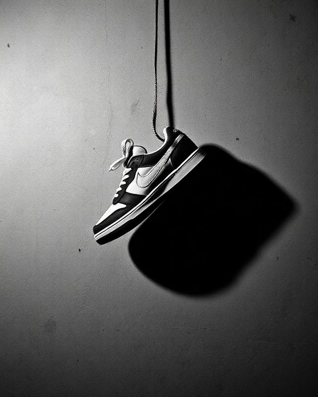 Créa morte : sneaker en lévitation au flash direct